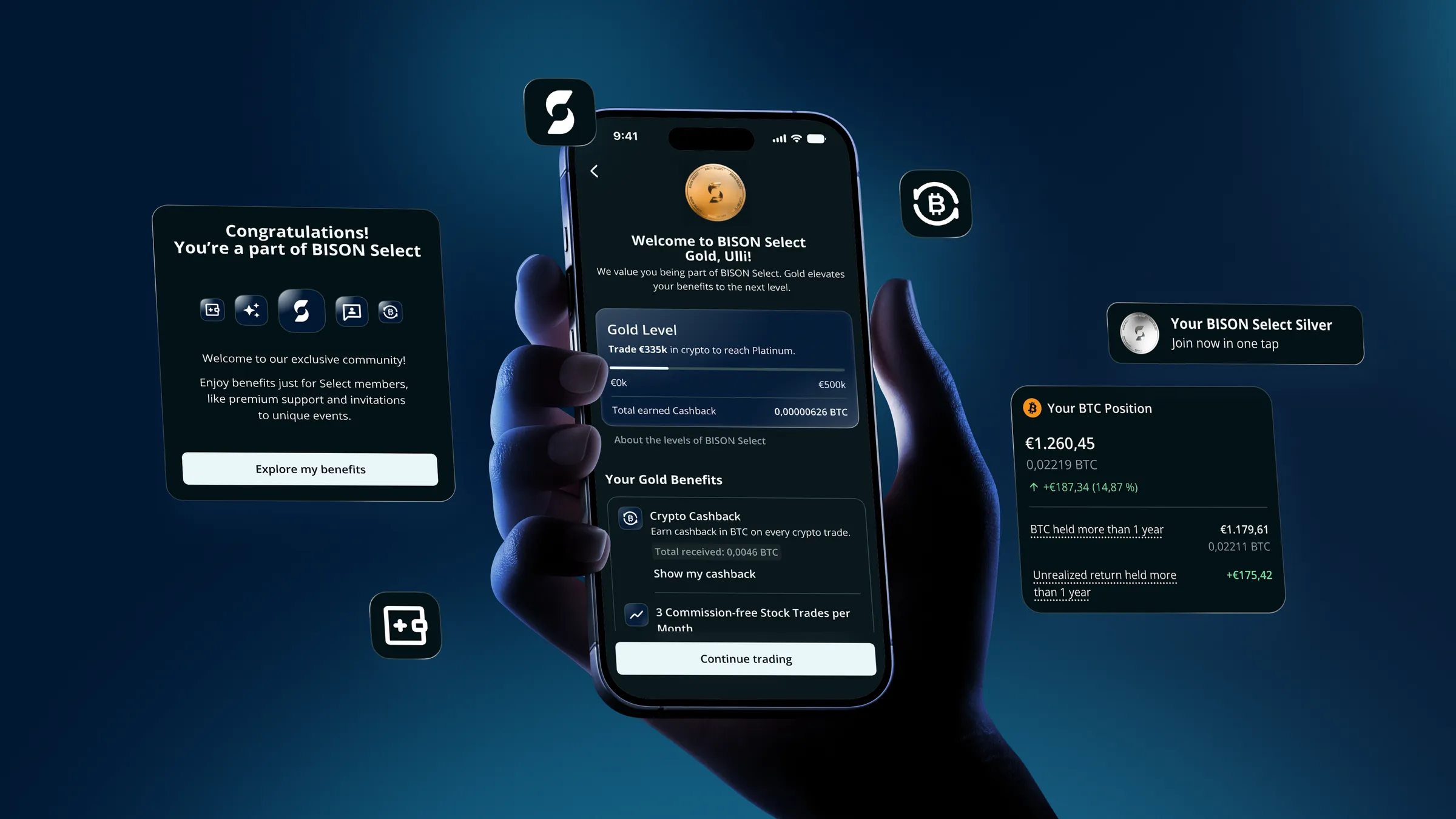 the gold tier in the hand, the welcome screen beside the cashback and holding cards