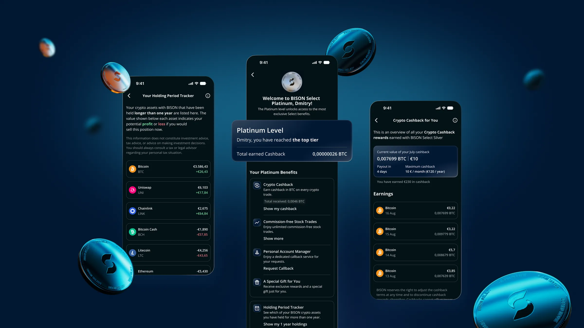 the platinum tier across three screens, benefits, holding period tracker and cashback