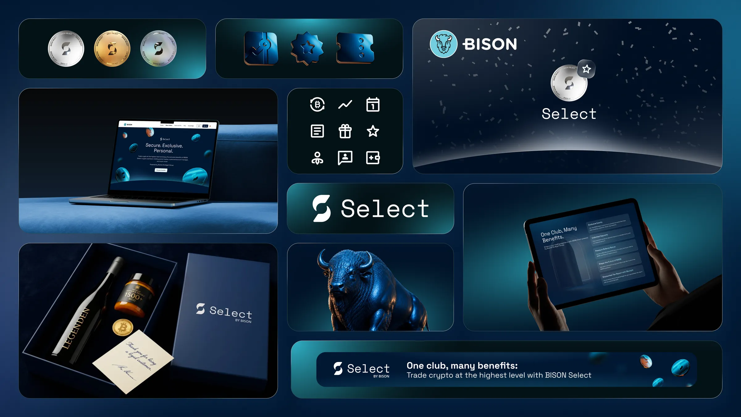 the select brand kit, the three tier coins, the wordmark, the benefit icons and the member gift