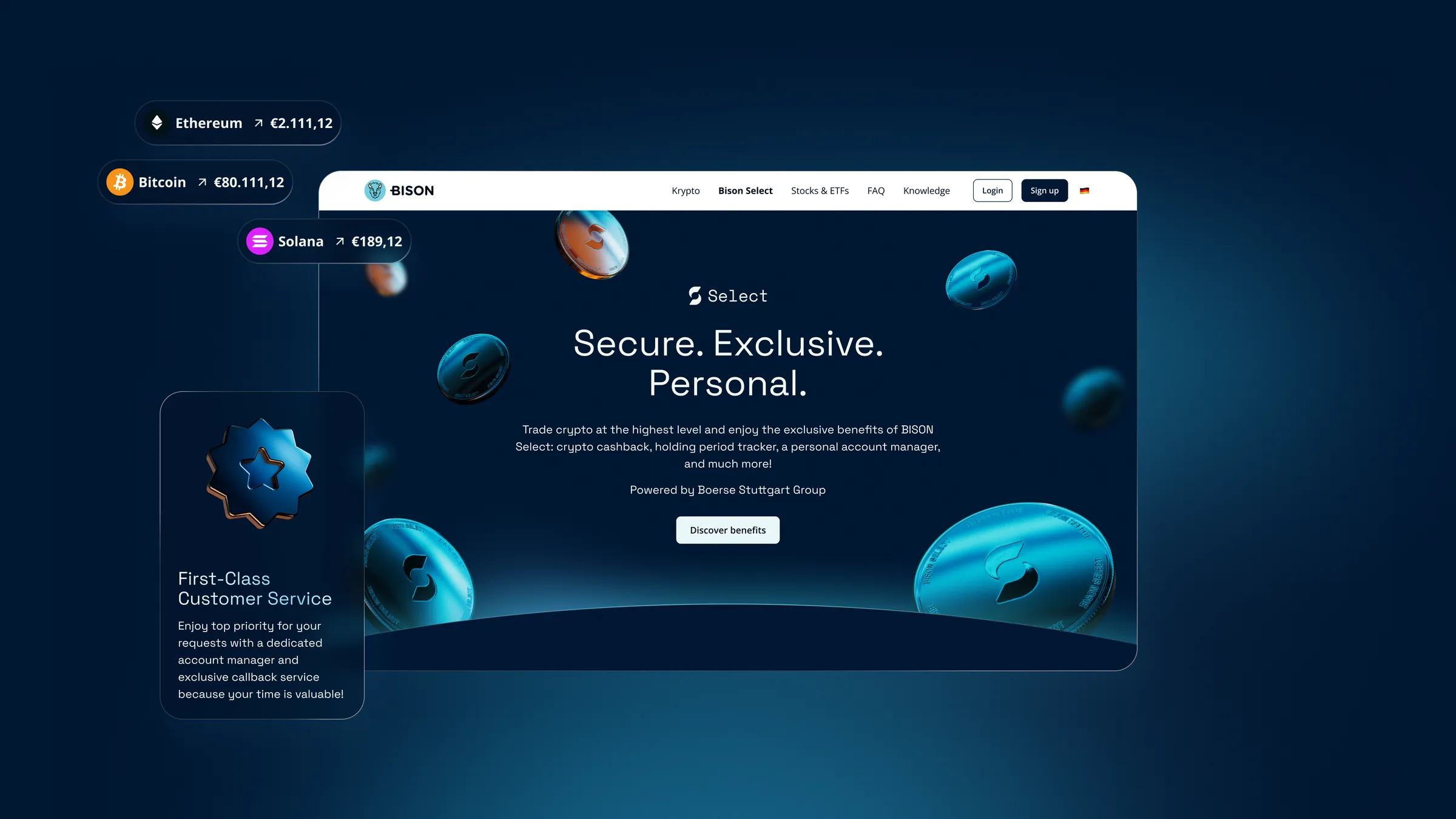 the select landing page, secure, exclusive, personal, over the coin field