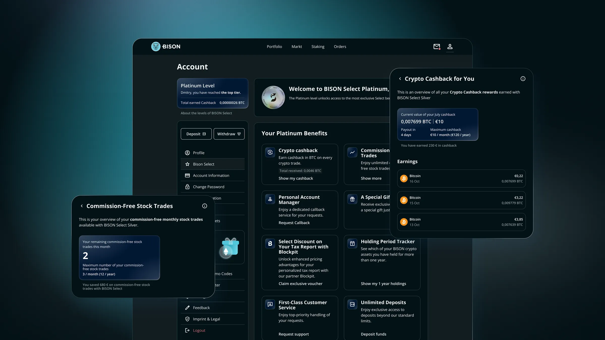 the account on desktop, the platinum benefits grid with cashback and free stock trades