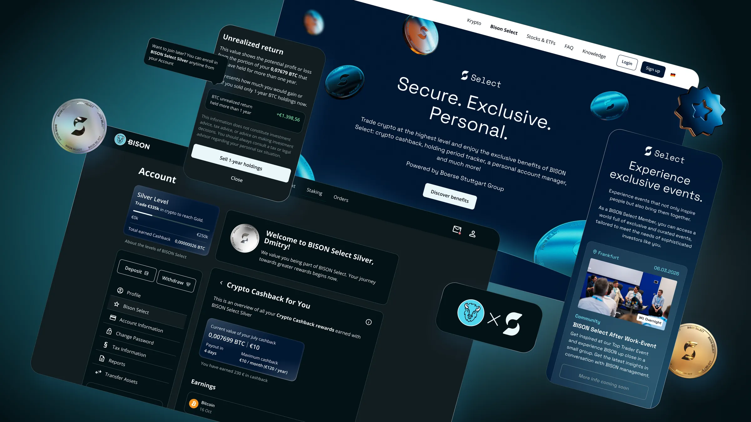 the landing page, the account and the events page in one view