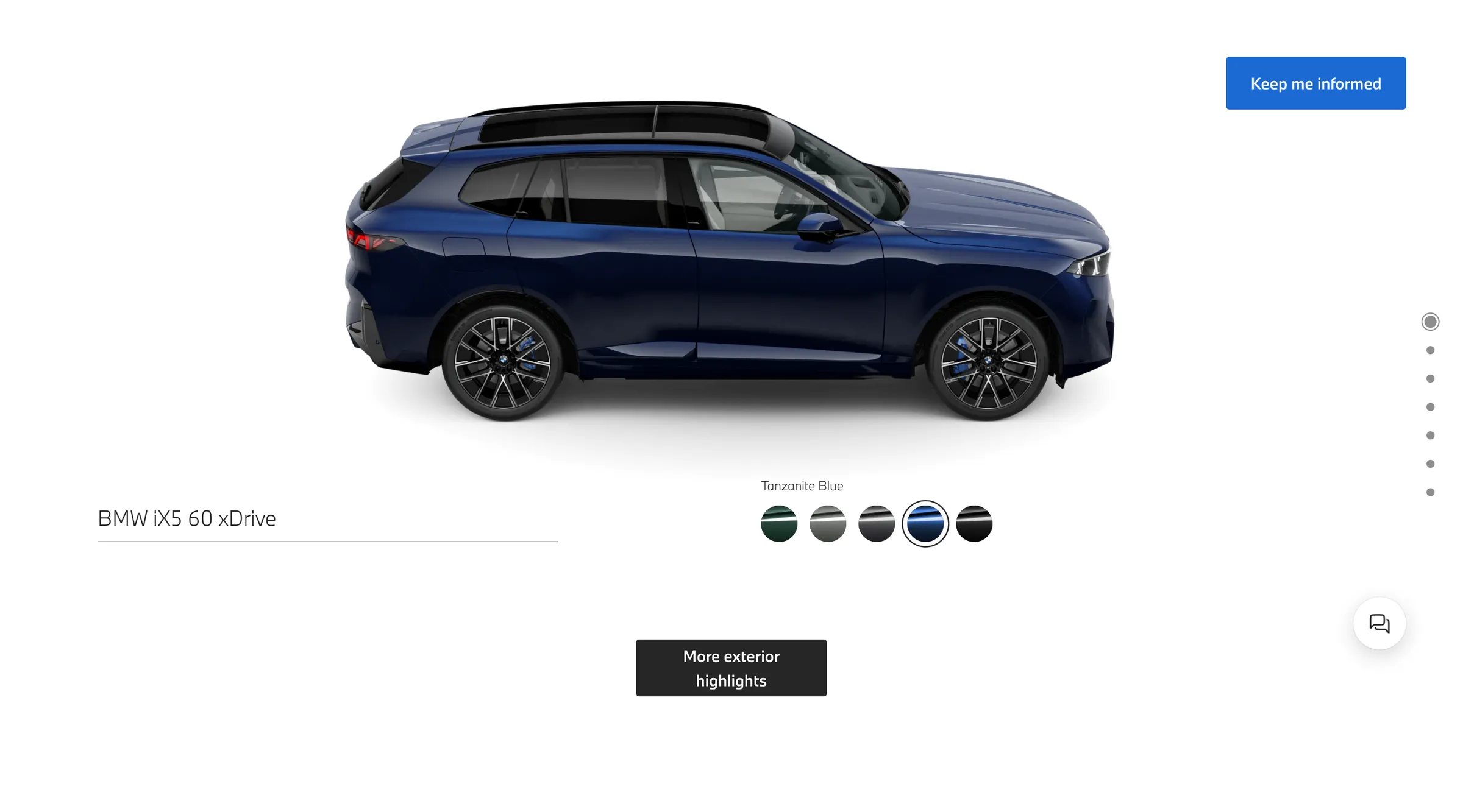 exterior colour, the car in tanzanite blue with the swatch row